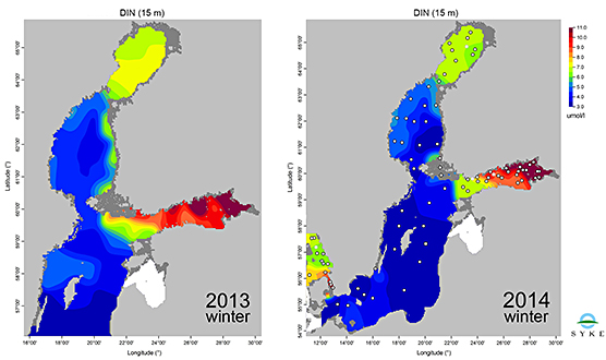 Fig 6. Dissolved inorganic nitrogen at 15m. depth in winters 2013 and 2014